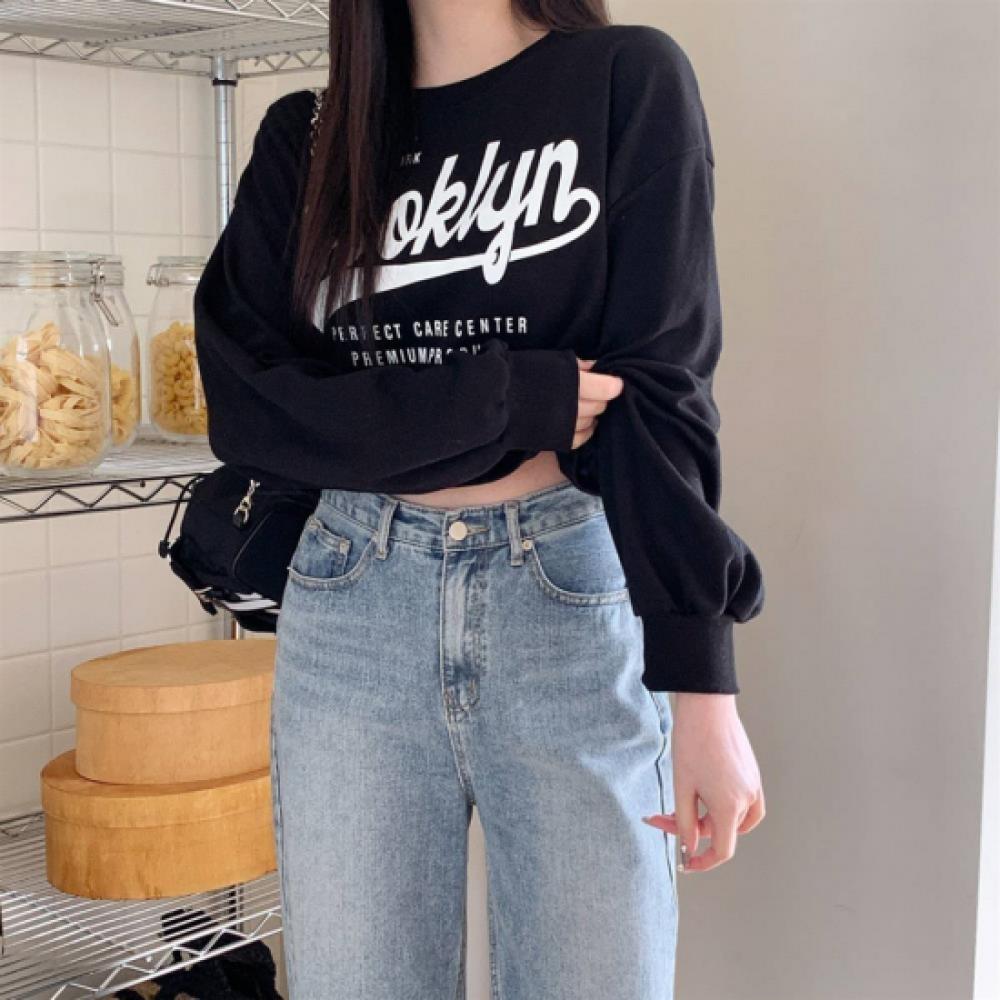 New Arrivals Open Run Women Crop Long Sleeve T shirT Round Neck Loose fiT leTTer
