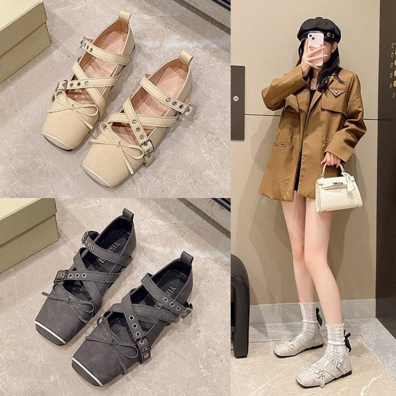 Women's Fashion Single Shoes Spring New Square Head Shallow Mouth Butterfly Knot Soft Sole Anti-slip Wear-resistant Flat Shoes