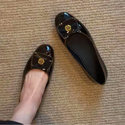Sheepskin Version~ French Light Mouth Glossy One-pedal Small Single Shoes Retro Versatile Camellia Round Head Flat Bottom Evening Shoes