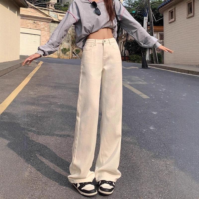 

Women s Retro High-Waisted Wide-Leg Jeans - Autumn/Summer Trendy, Loose, Slimming, Straight-Leg, Floor-Length Pants Large бежевий