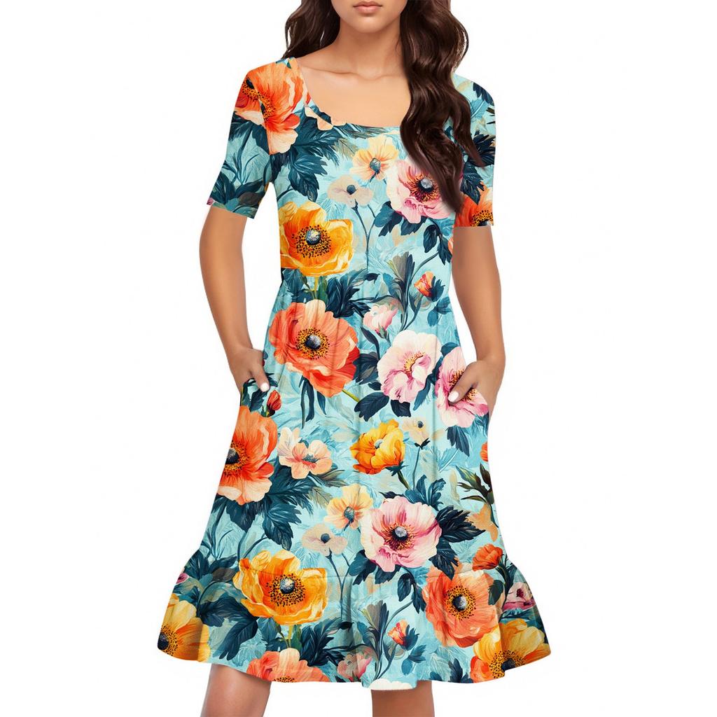 Damen Casual Rundhals Kurzarmkleid Lockeres Taillenplisseekleid Taillenplisseekleid