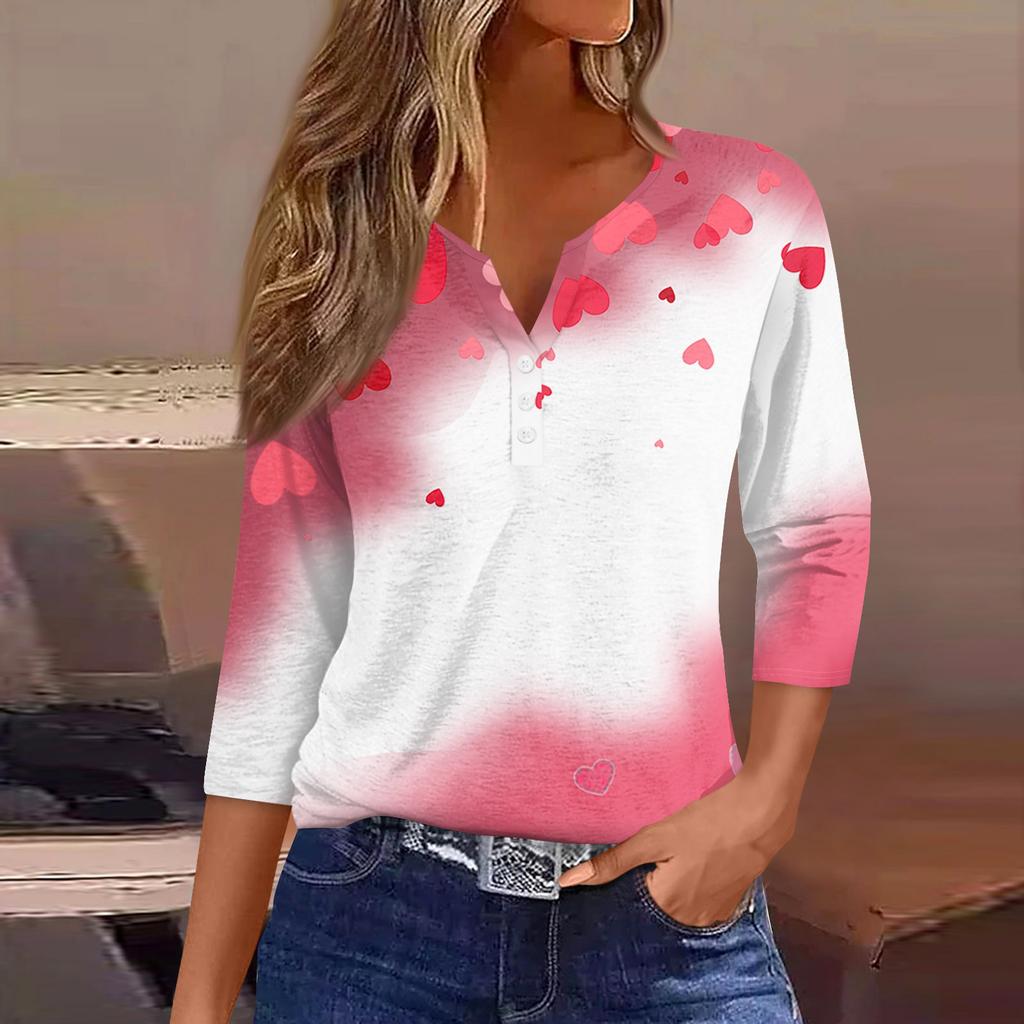 Camiseta feminina com estampa de botão, manga 3/4, moda diária de fim de semana, básica, decote em V, top regular