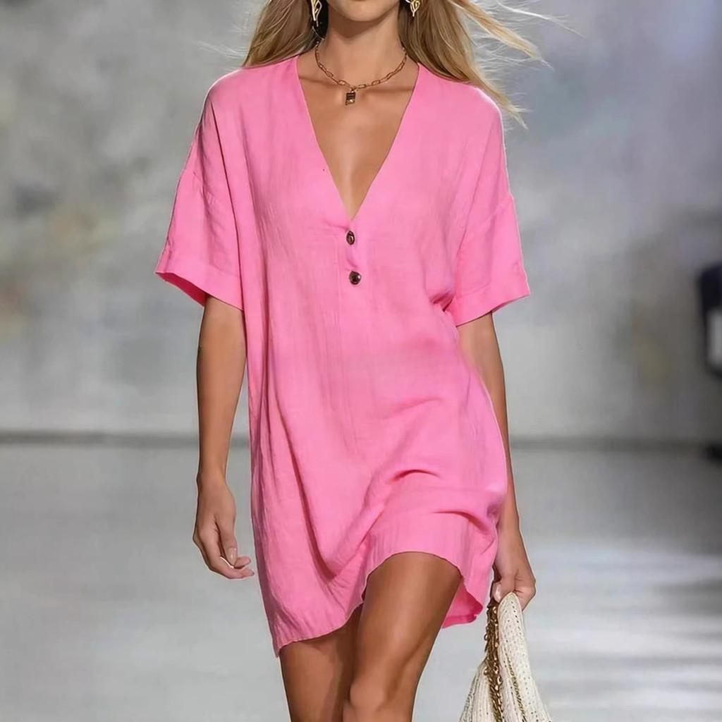 Cotton Linen Summer Dress For Women With Vneck Halfopen Collar Casual Aline Style