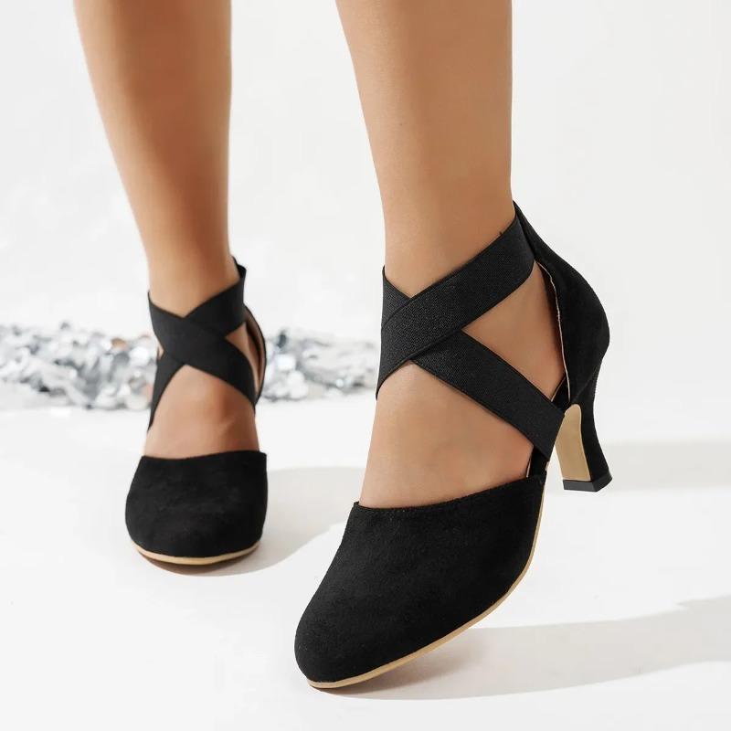 Retro Elastic Strap Mary Jane Shoes Women's round Toe Large Size Ankle Strap Heels Rubber Sole Comfortable Cross-Border Footwear