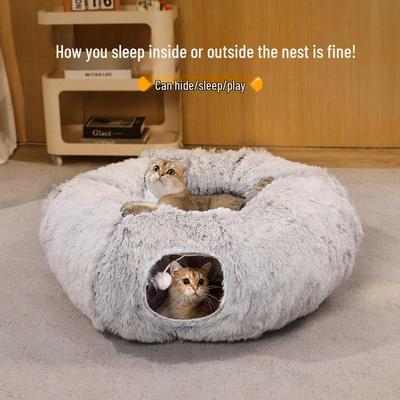 Plush Winter Cat Tunnel Bed - Warm, Foldable Pet Nest