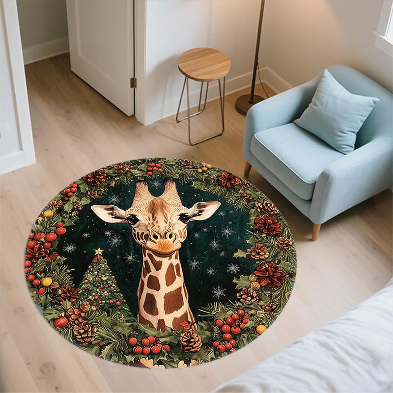 Runder Teppich mit Giraffen- und Kranzmuster, Teppich für Wohnzimmer, Schlafzimmer, Sofa, Spielzimmer-Dekor, Rutschfeste Bodenmatte, Feiertagsgeschenke und Geburtstagsgeschenke