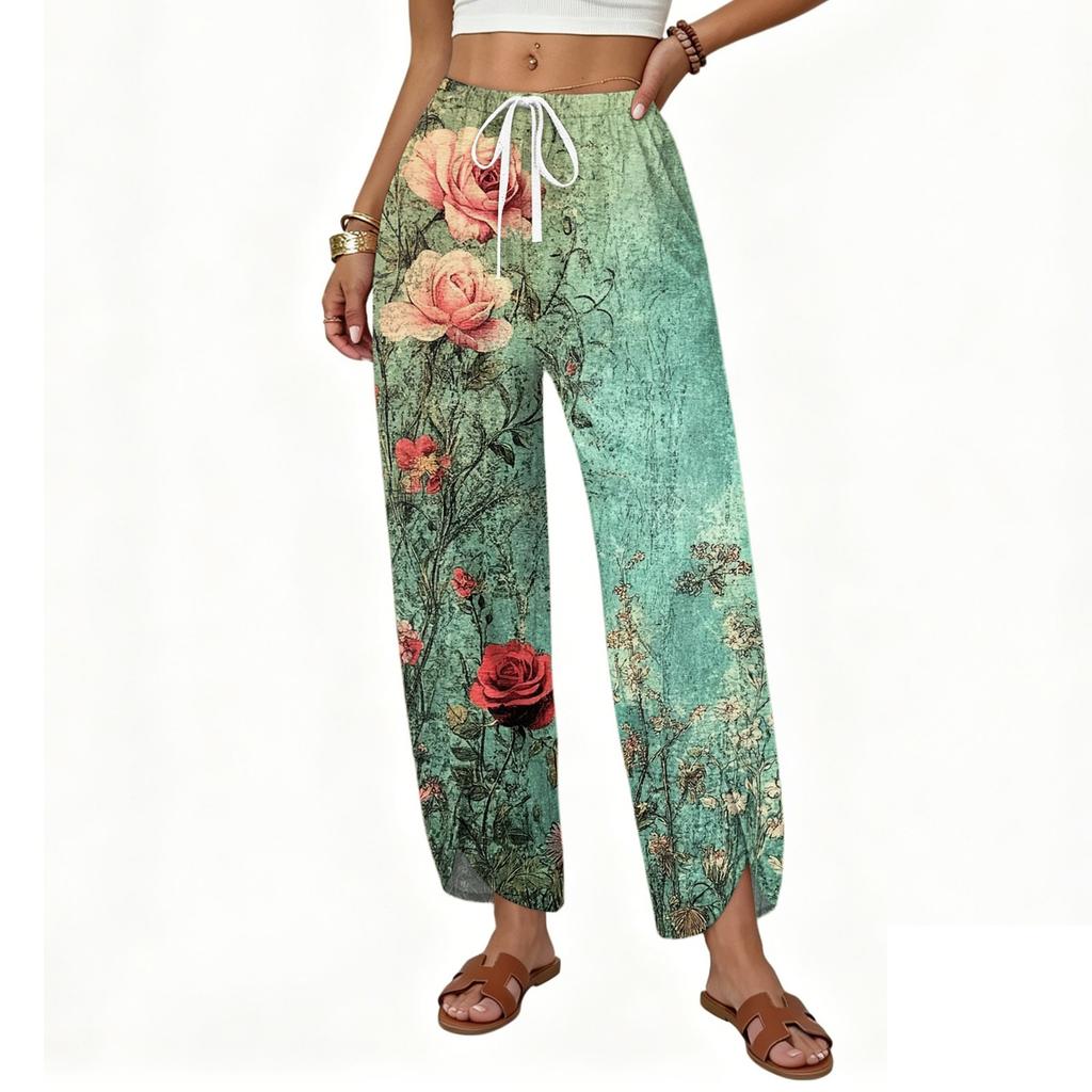Women Casual Straight Leg Wide Leg Loose Fit Drawstring Floral Print Pants Lightweight Comfortable Trousers for Daily Wear