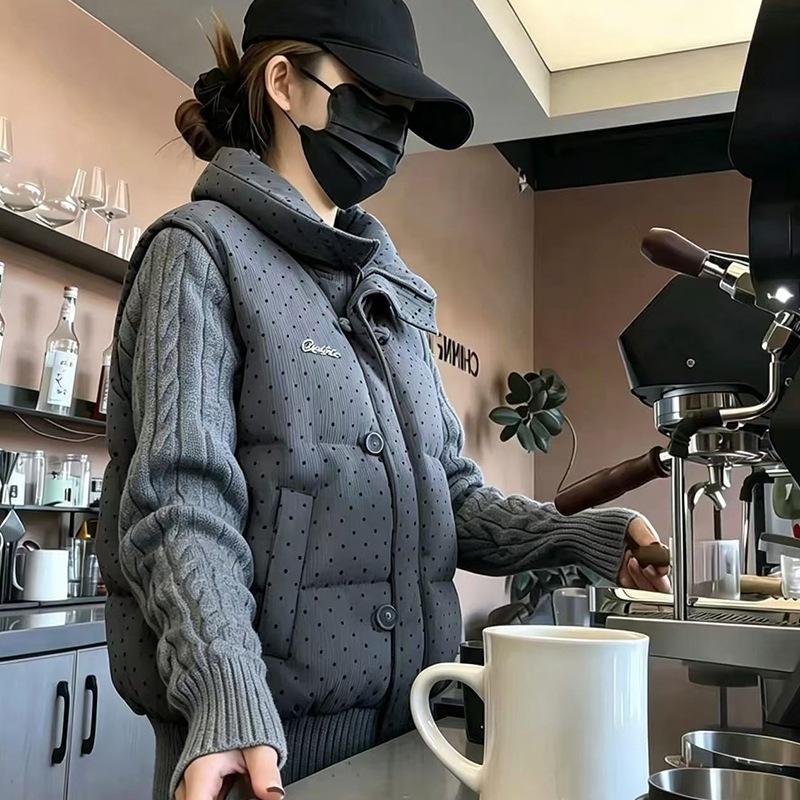 Twist knitted splicing cotton clothes women's winter thickened fake two-piece stand-up collar polka dot cotton-padded jacket