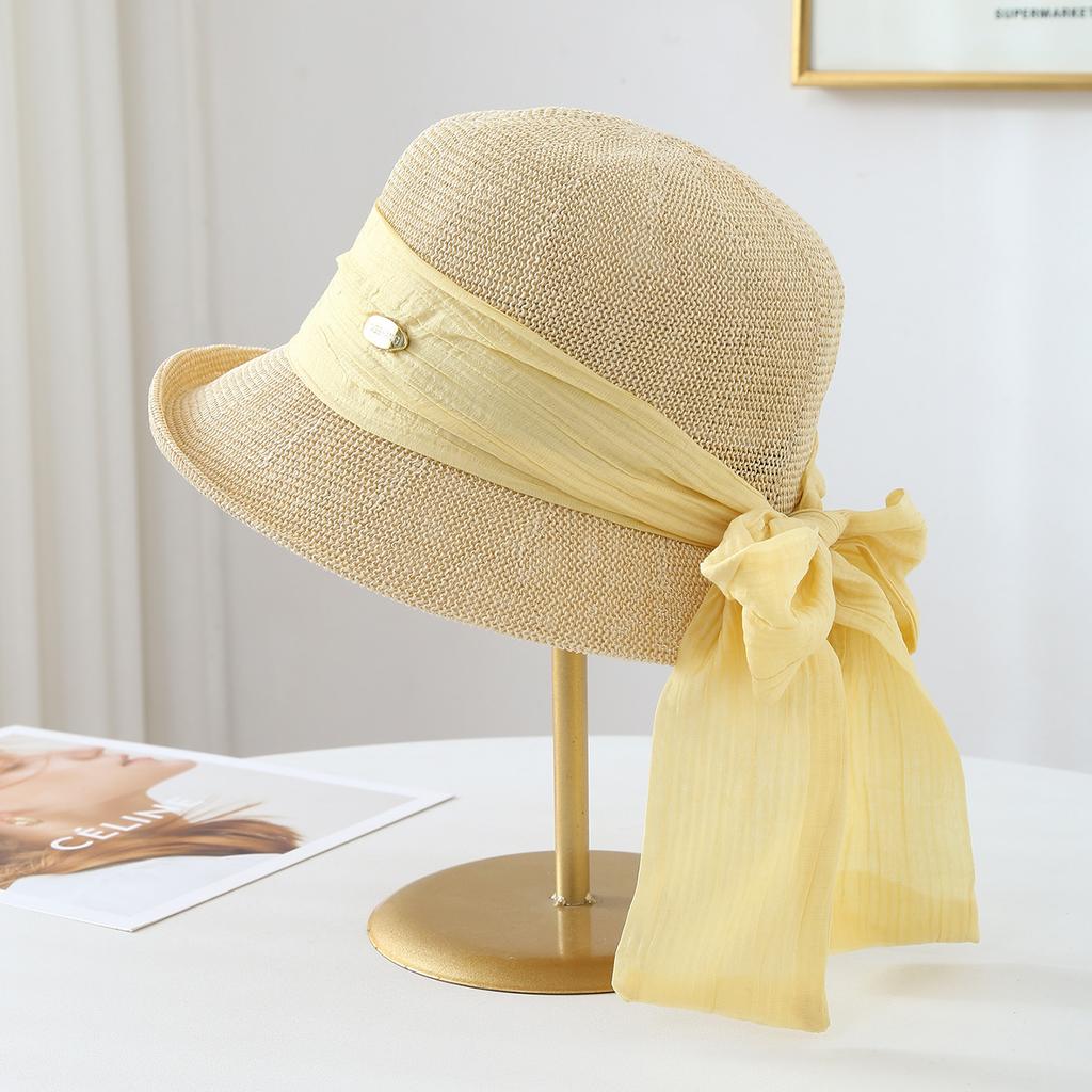Adult Women's Knitted Fisherman Bucket Hat with Long Ribbon Bow Windproof Spring Summer Autumn Fashion Accessory