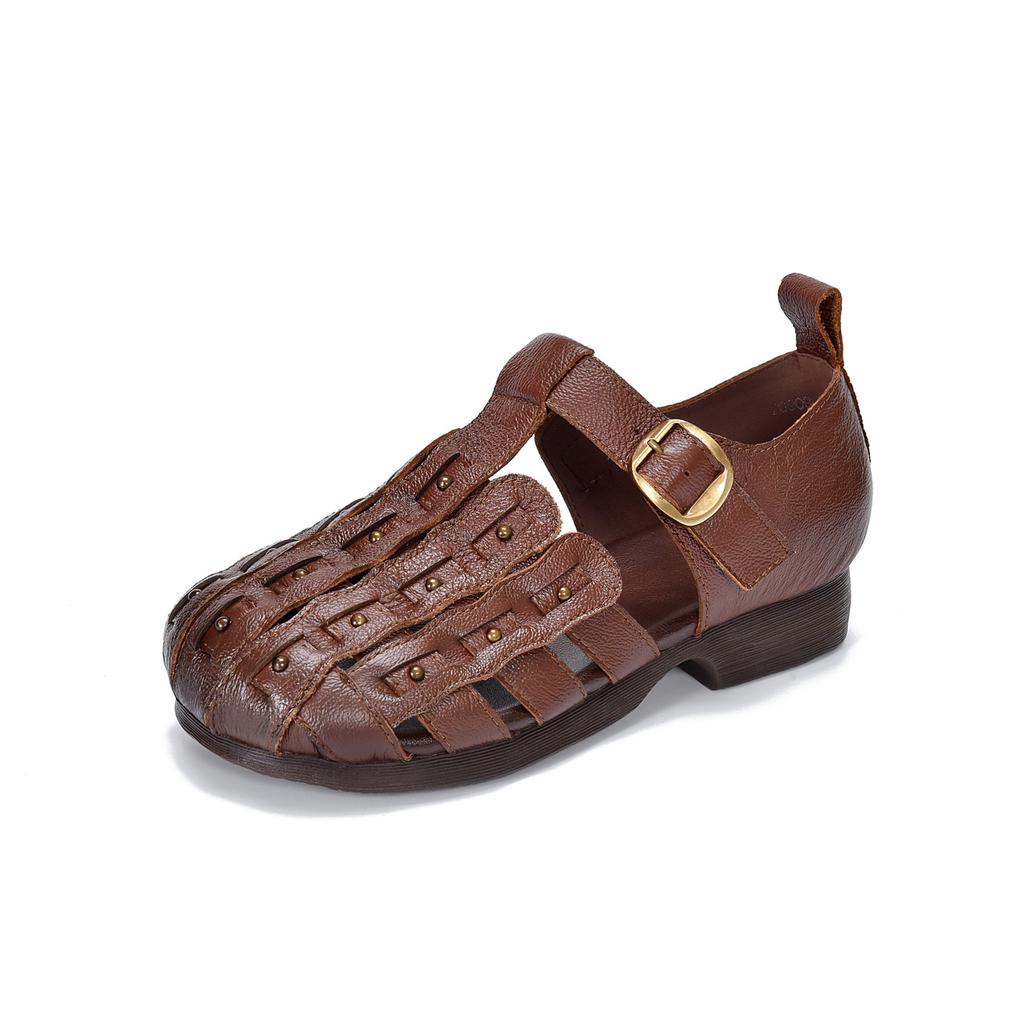 Johnature Genuine Leather Round Toe Soft Soled Sandals Hollow Out Breathable Low Heel Women's Shoes