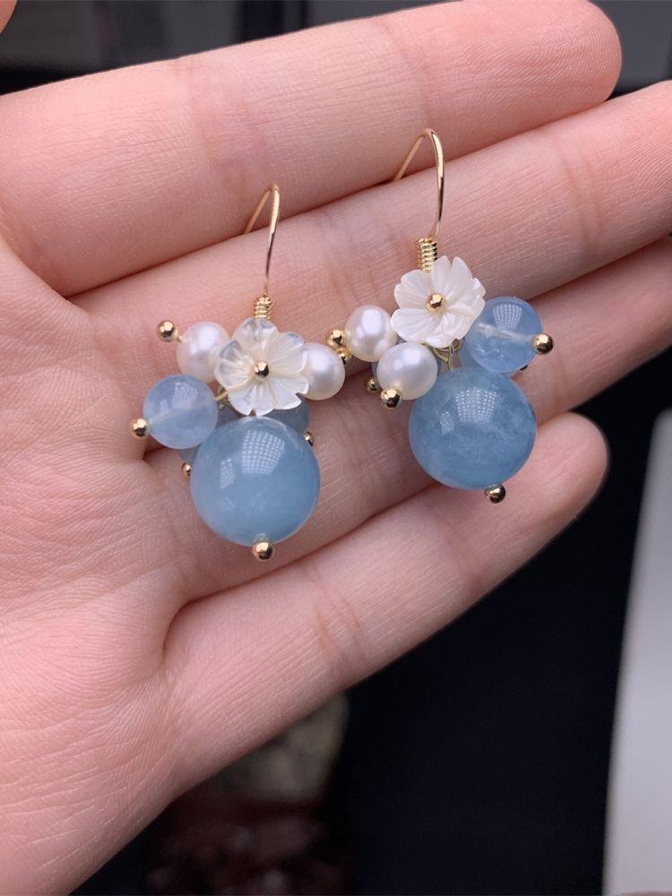 Charm Blue Jade Pearl Flower Tassel Dangle Earrings 14K Gold Vintage Chinese Stone Jade Earrings for Women Trendy Gift Jewelry