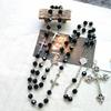 Retro Long for Cross Pendant Necklace Black Crystal Rosary Religious Jewelry