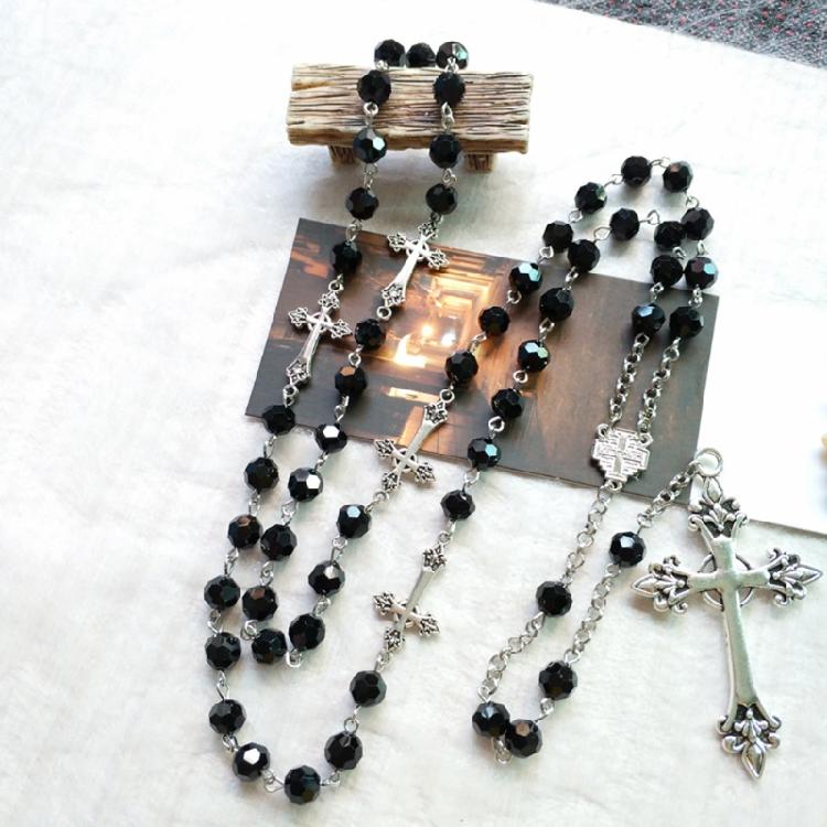 Retro Long for Cross Pendant Necklace Black Crystal Rosary Religious Jewelry