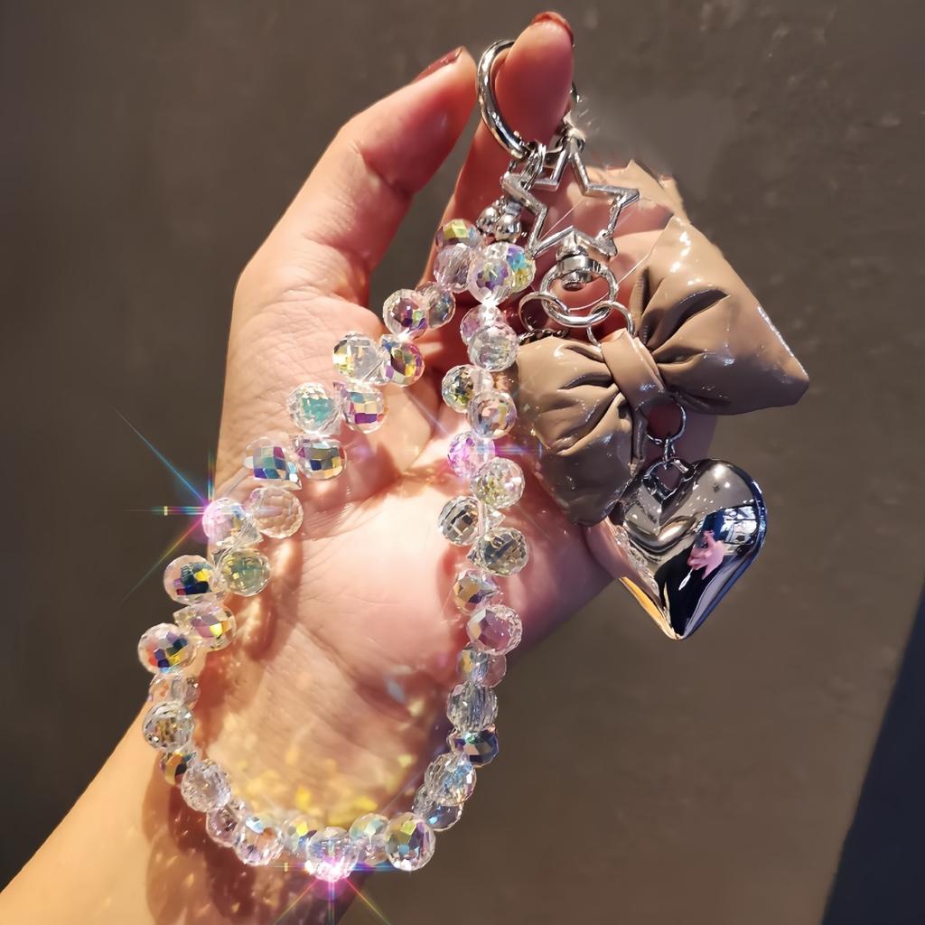 Ins style beaded phone wrist chain, love tie design, universal anti-lost short pendant lanyard for women outdoor shopping travel.