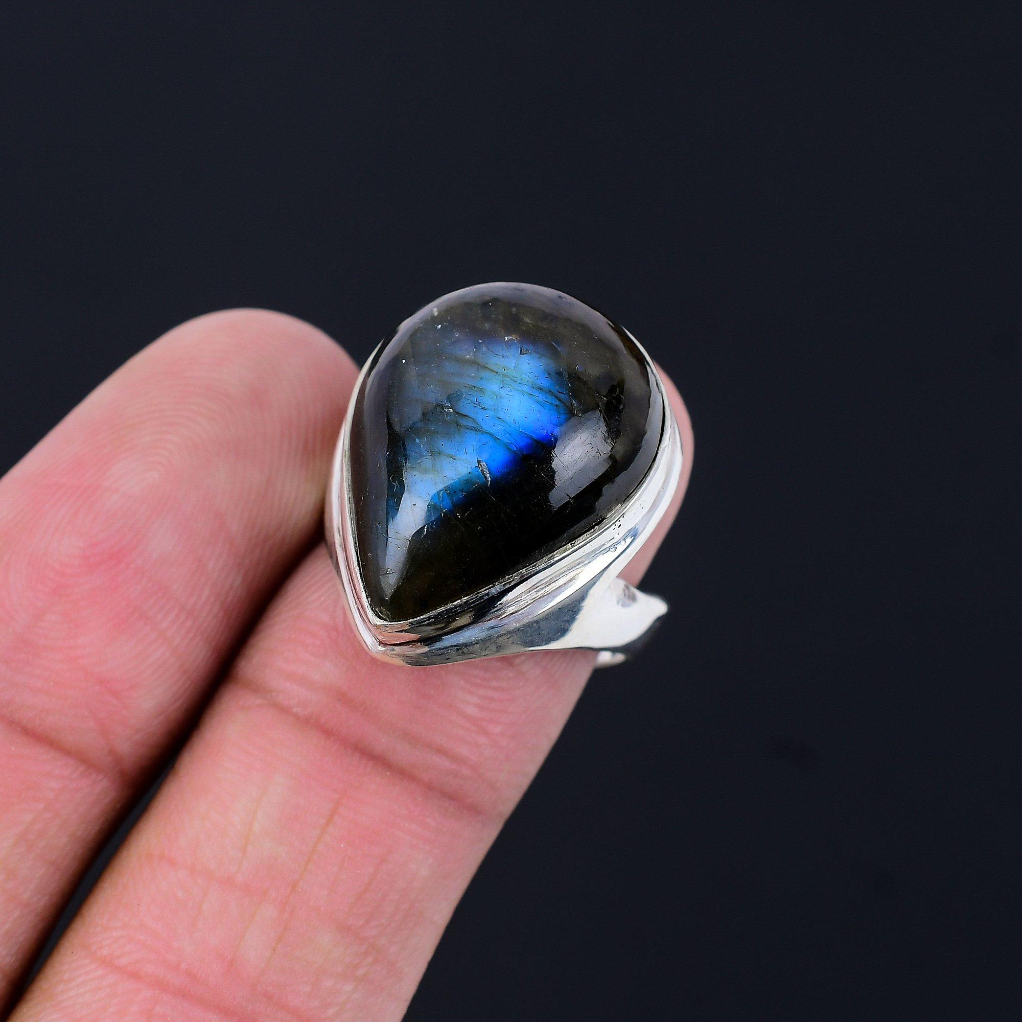 925 Sterling Silver Third Eye Chakra Labradorite Gemstone Statement Ring US 8 8