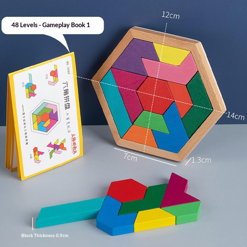 Hexagon Tangram Puzzle Wooden Jigsaw 7 Pieces for Children and Adults Challenging Brain Training Logic Toy Home Play