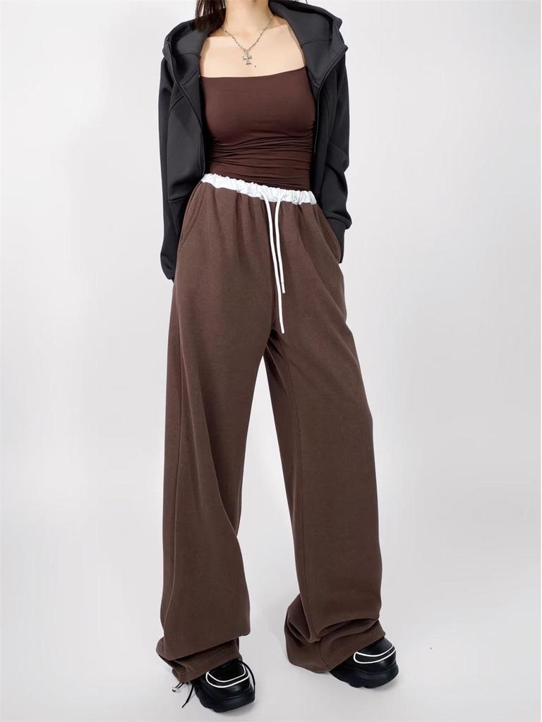 Trendy Women's Elastic Waist Color Block Sweatpants, High Waist Drawstring Loose Wide Leg