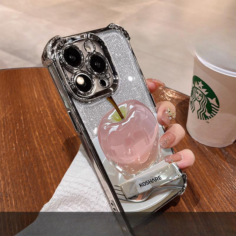 Crystal Apple Bracket Suitable for Apple 16 Mobile Phone Case Huawei Mate70pro Electroplating Anti-fall 15 Transparent 14/13