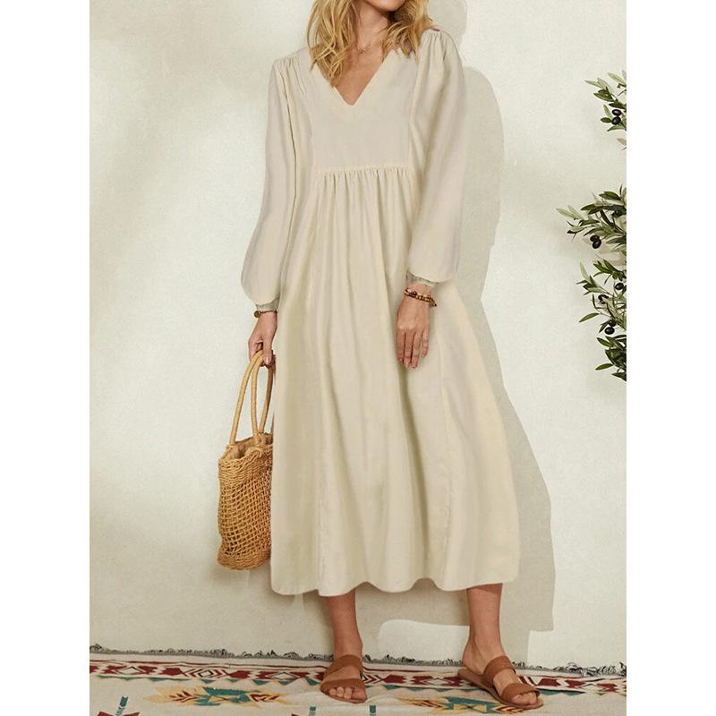 2022 Spring European-American Women's Cotton Linen Lantern Sleeve Dress