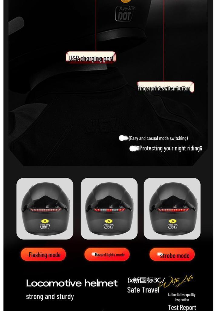 Unisex Full Face Flip-Up Motorcycle Helmet with LED Taillight, All-Season, 3C/DOT Certified