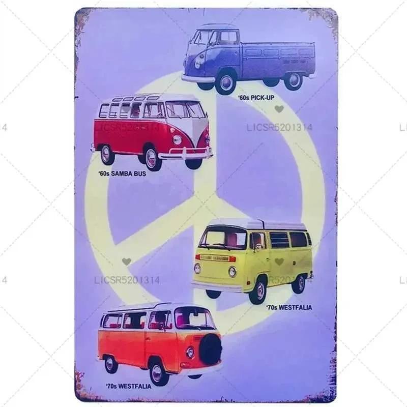 Peace Bus Beach Surfing Cartoon Wall Logo Retro Art Metal Plate Decoration Tin Logo Garage Bar Wall Decoration Tinplate Poster