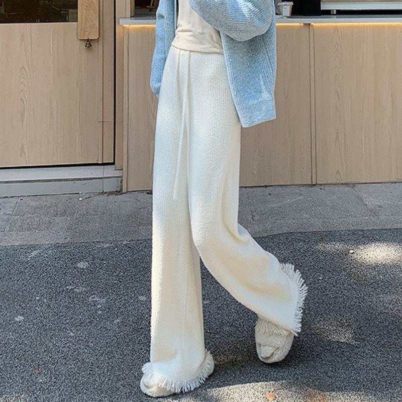 Damen Frühling/Sommer Fransenquasten Strick Weitbein Hose mit Samt Nerzfell, Bodenlang, Mikro Flare.