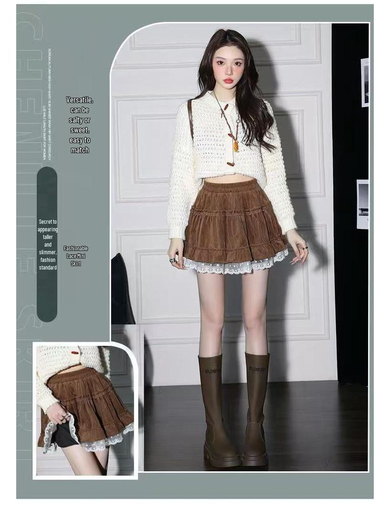 Lace-Trimmed A-Line Flare Skirt for Women - High Waist, Slimming, Sweet Style for Autumn/Winter 2025