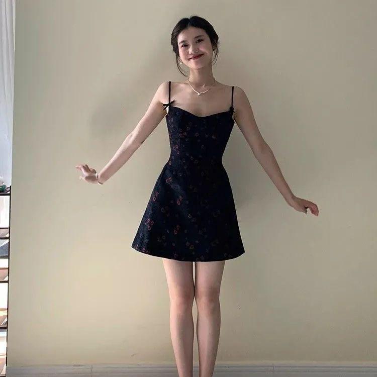 Women's Black Floral Backless Summer Dress: Sweet & Spicy, Short Sling Skirt