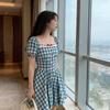 College Style Blue and White Plaid Short Skirt Women's Summer Square Collar Lace Splicing Waist Thin Sweet Sister Style Dress Wasteland Style