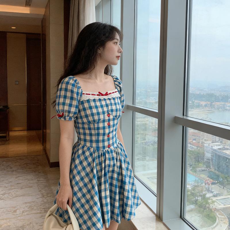 College Style Blue and White Plaid Short Skirt Women's Summer Square Collar Lace Splicing Waist Thin Sweet Sister Style Dress Wasteland Style