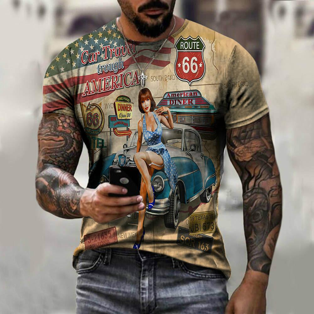 Summer New 3D Printed US Route 66 Cool Round Neck Men's T-shirt