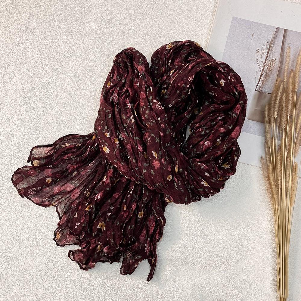 New Retro Literary Imitation Cotton And Linen Pleated Thin Versatile Shawl Small Floral Scarf Yarn Japanese Fashion Trend