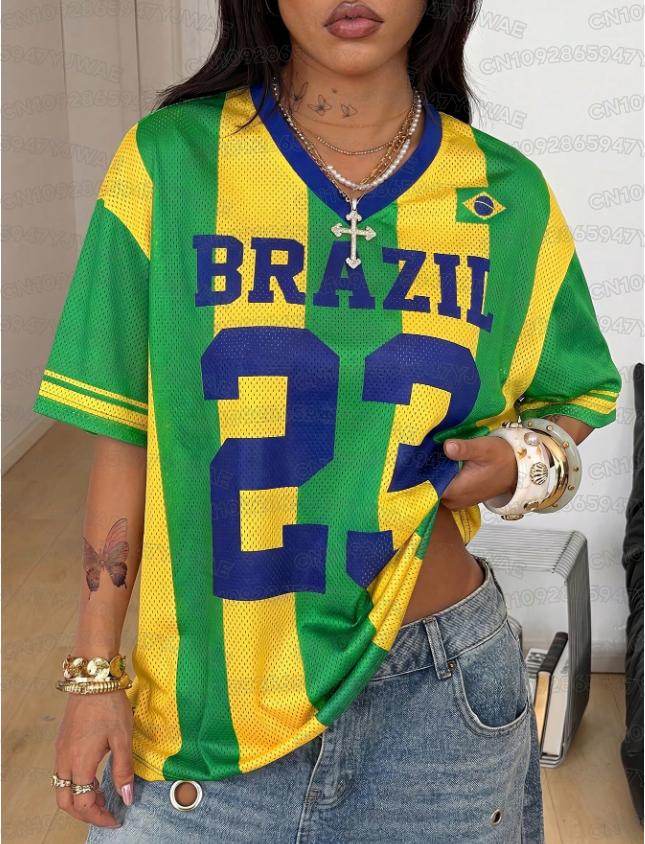 T-shirt Casual Estiva da Donna Y2K con Stampa Grafica Brasileiana Taglie Forti Manica Corta Top Streetwear Maglie a Rete con Buchi