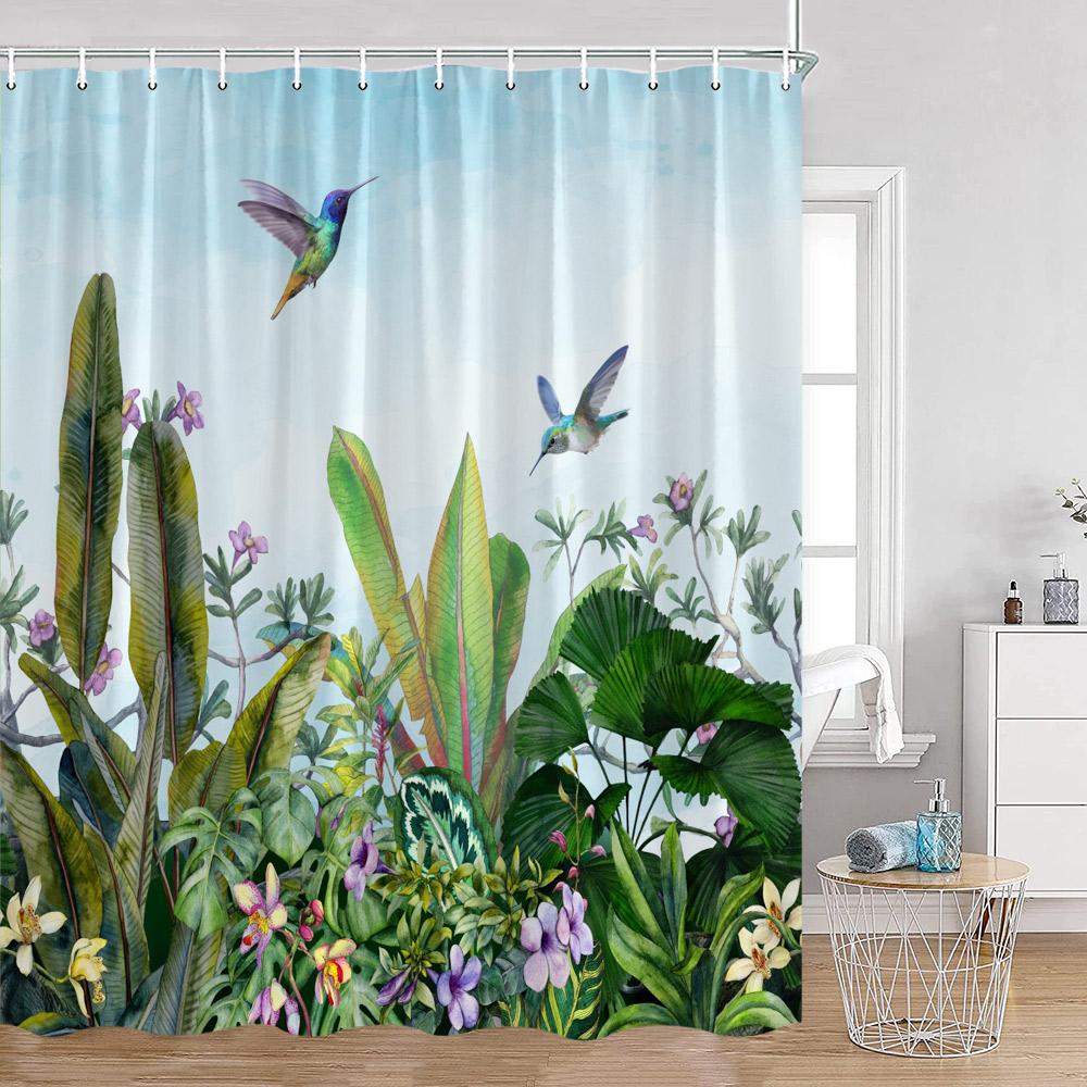 Birds Flowers Shower Curtains Hummingbirds Flowers Green Leaves Plants Greenery Bath Decorations Spring Bath Curtain With Hooks