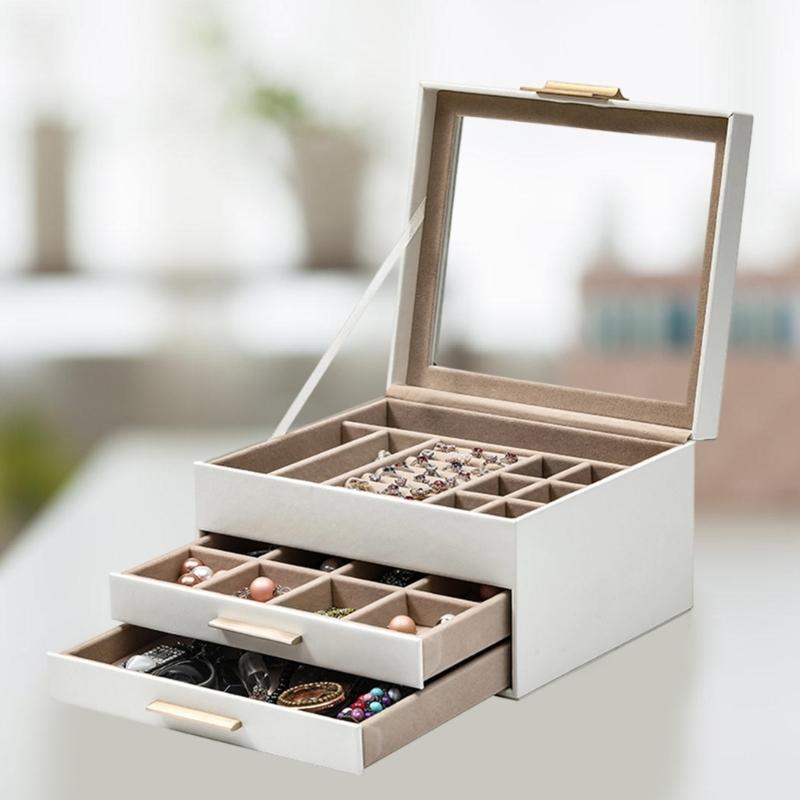 Elegant Smykkeskrin Tre Skuffer Gennemsigtigt Låg Blødt Fløjlsinteriør til Halskæde Armbånd Display