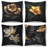 4 Pack Elegant Black Cushion Covers 45x45cm Artistic Gold Flower & Leaf Prints with Sparkle Detail for Modern Living Room