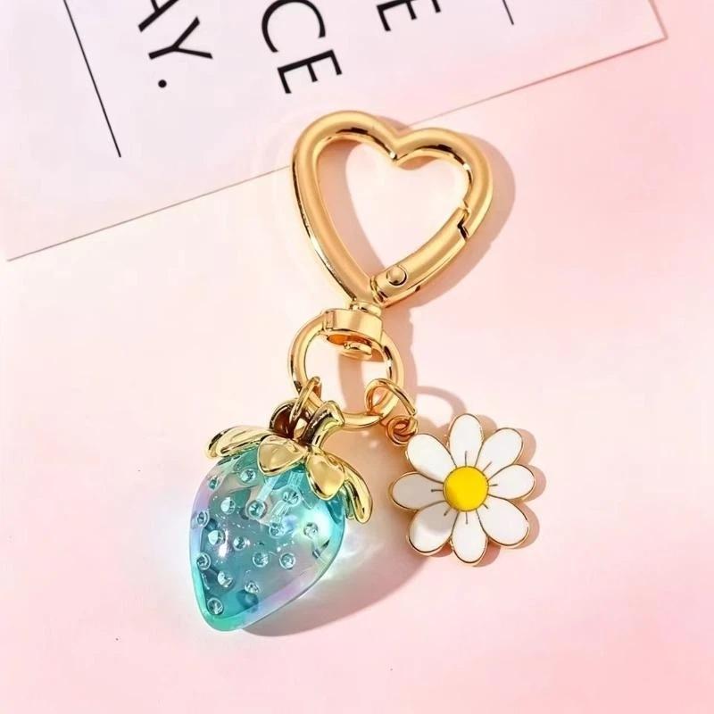 Cute Strawberry Heart Flower Keychain Bag Charms For Girls Purse Gifts Decor Accessories