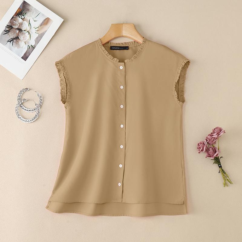 

ZANZEA Женская повседневная блузка с круглым вырезом и летними рукавами-колпачками 5XL хаки