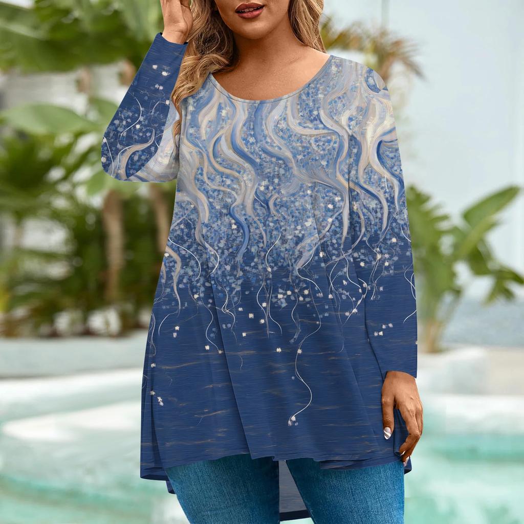 Women's Fashion Large Size Round Neck Long Sleeve Casual Print Loose Pullover Top