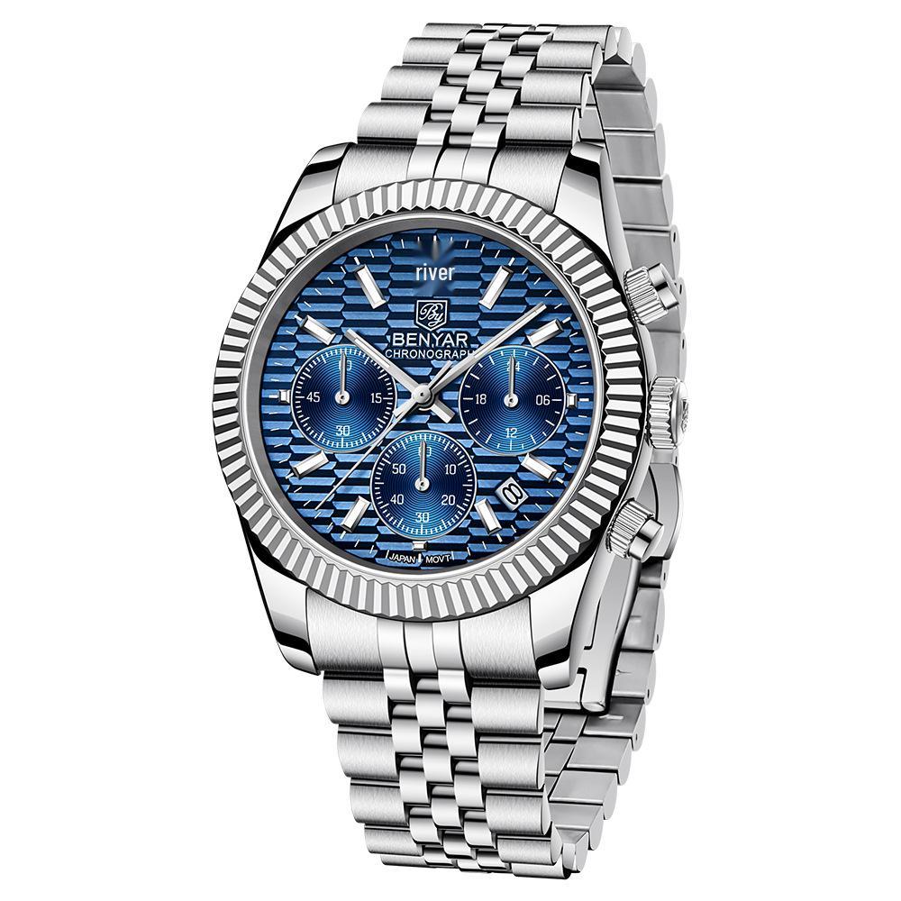 Benyar S001 Men s Multifunction Luminous Quartz Watch - Stainless Steel, Waterproof, with Six Hands  Calendar