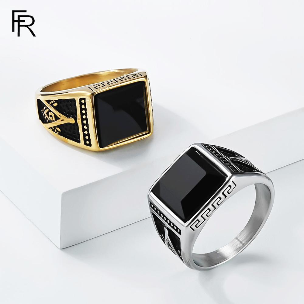 Retro Trend Titanium Steel Imitation Black Gem AG Freemason Spiral Pattern Ring for Men