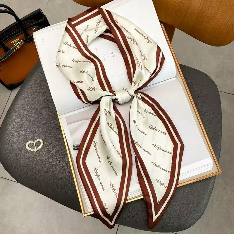 Fashion Blue Print Silk Scarf Women Soft Satin Horse Hairband Bevel Neckerchief Office Hijab Headband Foulard Bag Ribbons Gift