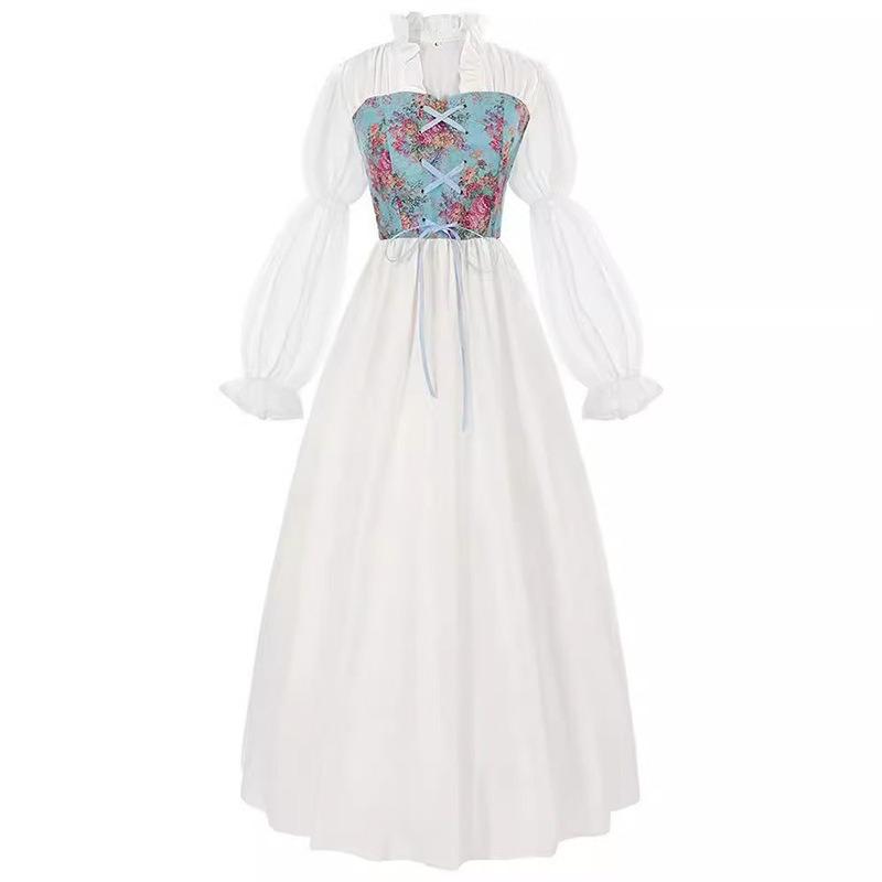Temperament Dress Literary Retro Floral Waist Dress Medieval Victorian Clothing