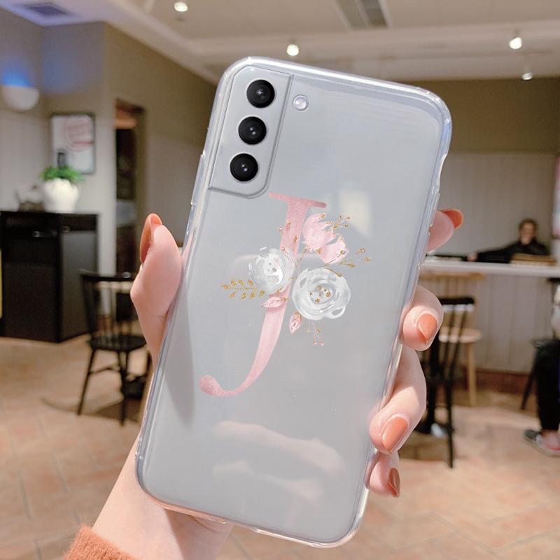Initial Letter Cover For Samsung Galaxy S23 S24 S25 Plus Ultra Case Transparent Soft Silicone Flowers Capa For Samsung S23+ Bag