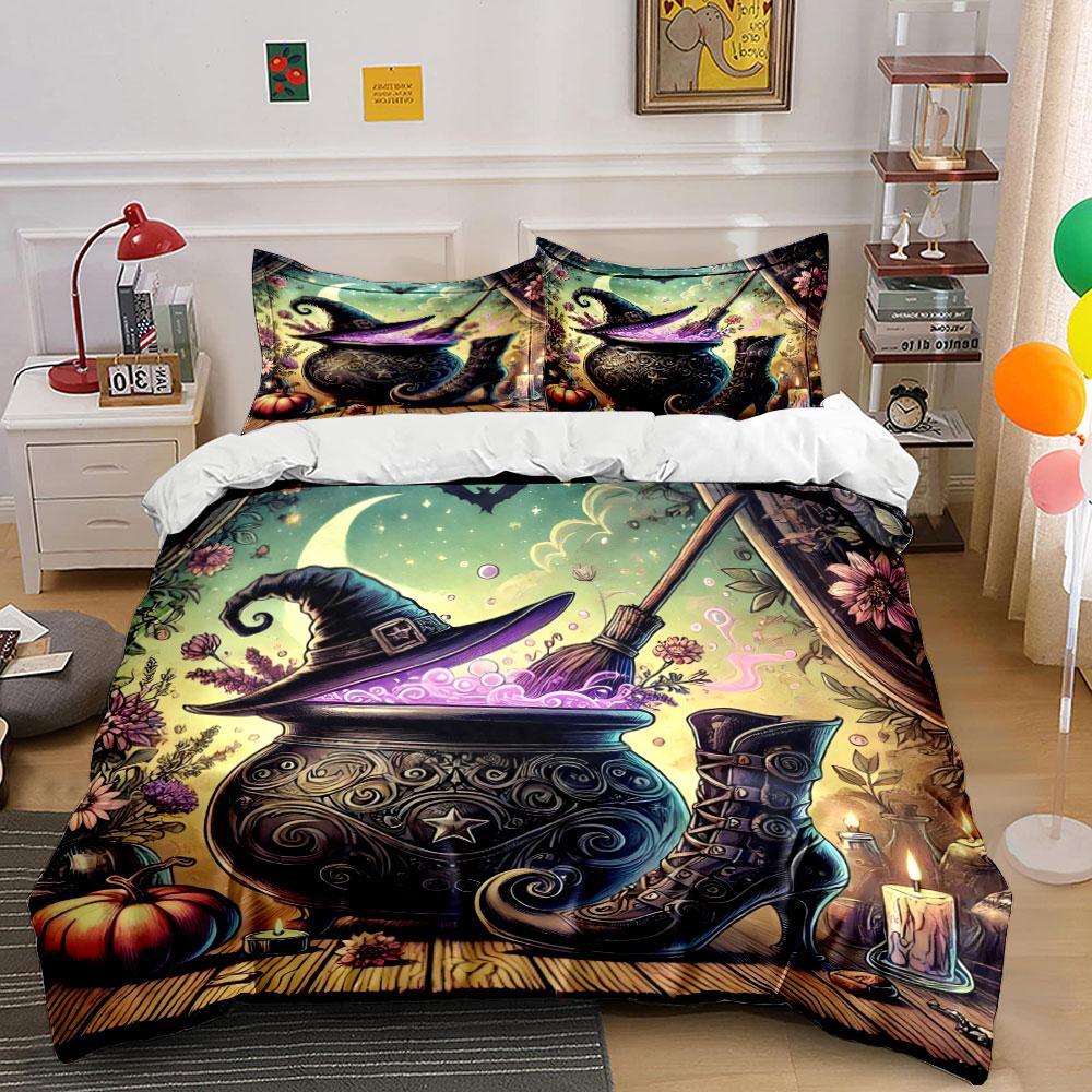 Witch Cauldron Hat Boot Set Bedding Set With 1 Duvet Cover 2 Pillowcases Single Double King Queen, Gift