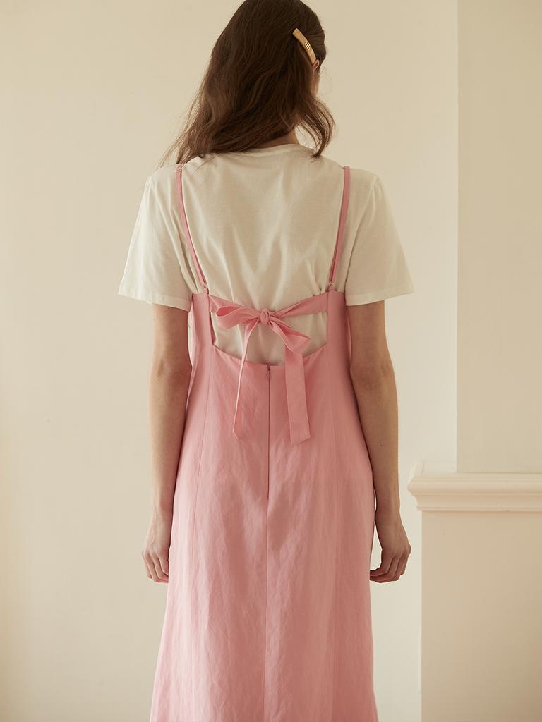 BEMUSE MANSION Ribbon Point Linen Dress - Pink