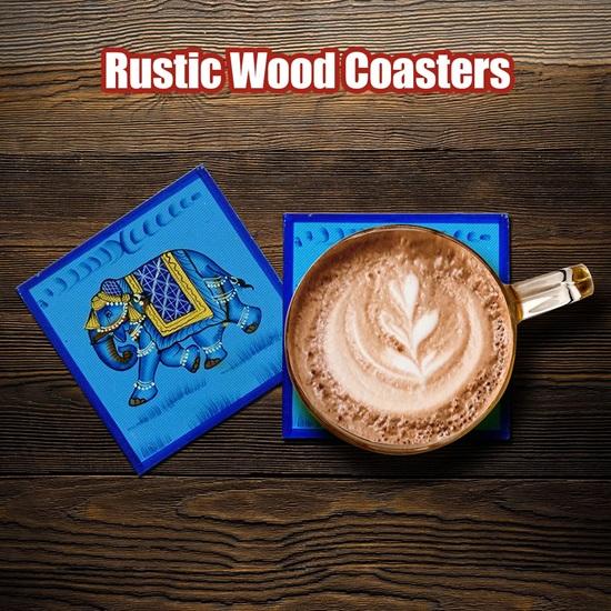 Wooden Drink Coaster Set With Decorative Holder Home Décor Tabletop Rajasthani Elephant Coasters For Tea Coffee Mugs Cup Beer Cans Bar Glass-Set of 6