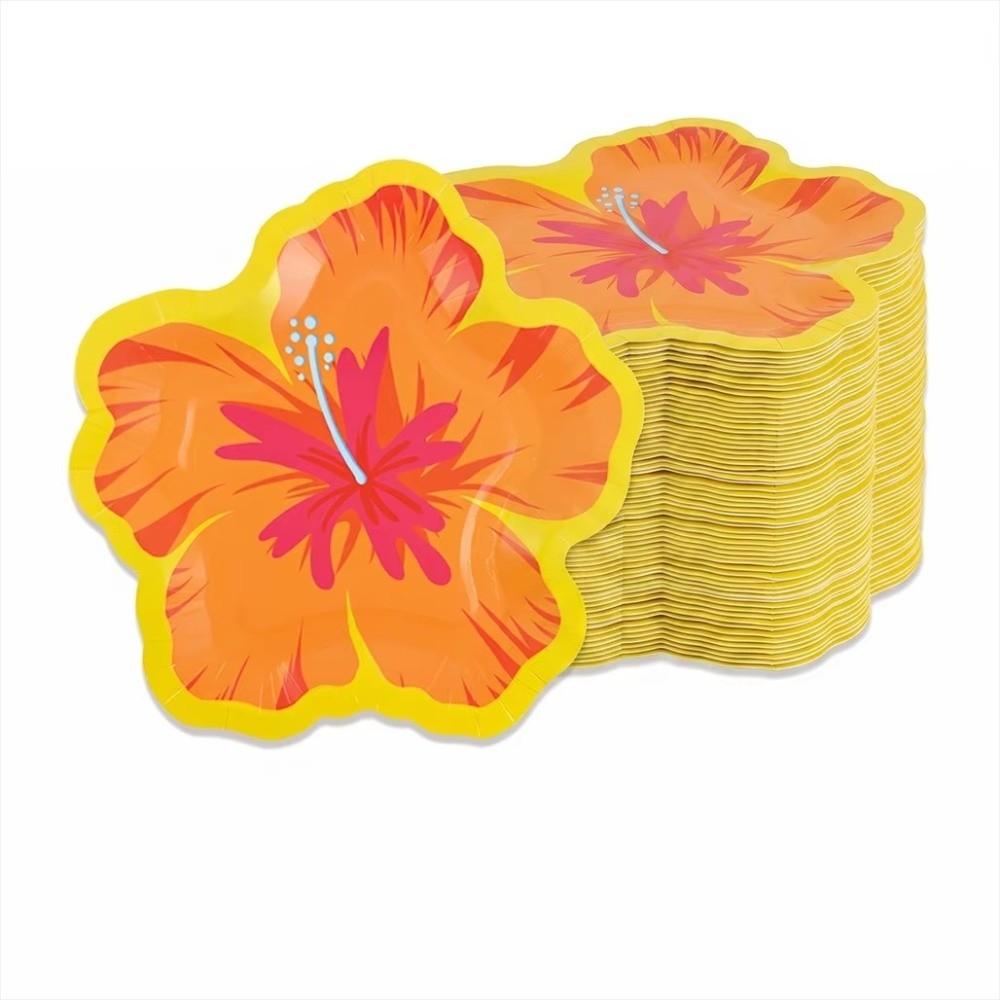 10Pcs Paper Flower Shaped Paper Plates Hibiscus Flower Pattern Party Plates Single Use