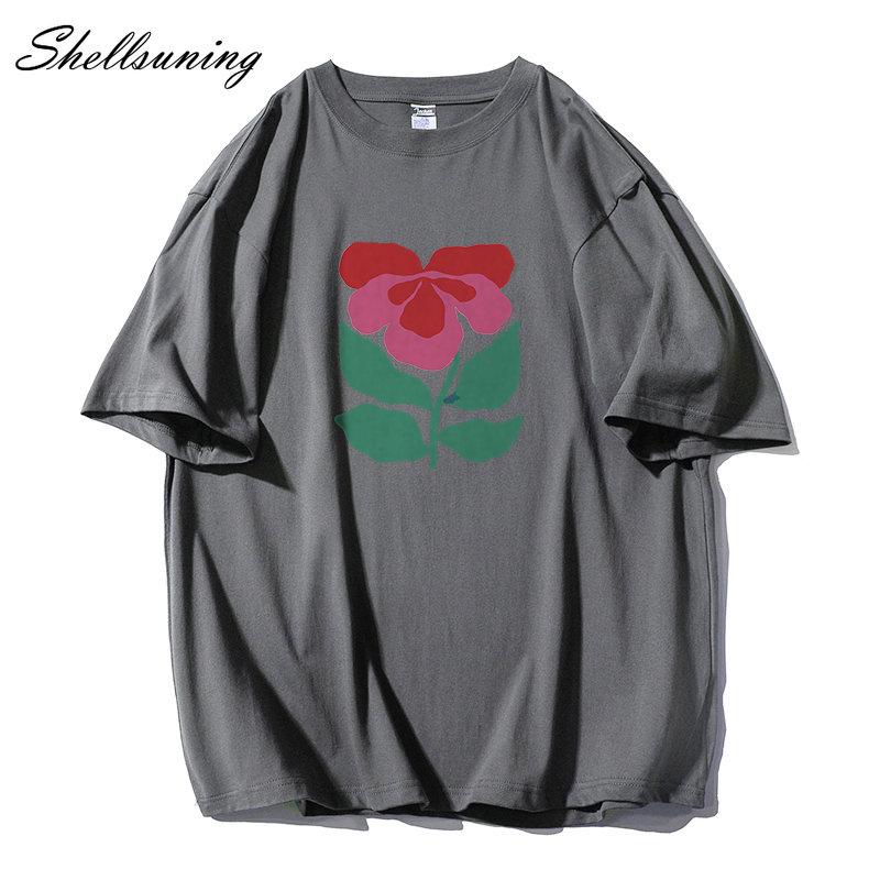 Shellsuning Krásné Květiny Tištěné Tričko pro Ženy Letní Nadměrné Ležérní O-výstřih Jednoduché Univerzální Dívčí Trička Základní Harajuku Pár Topy