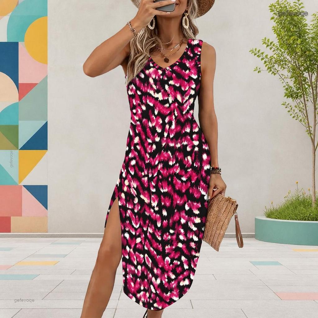 Women Plus Size Printed Sleeveless U Neck Tank Dress High Side Slit Midi Dress